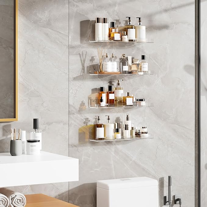 Dooiclear 4 Pack Floating Shelves for Wall, 15" Clear Book Shelf, Acrylic Floating Wall Shelf, Display Shelves Organizer for Bathroom, Classroom, Bedroom, Living Room, Kitchen, Room Decor
