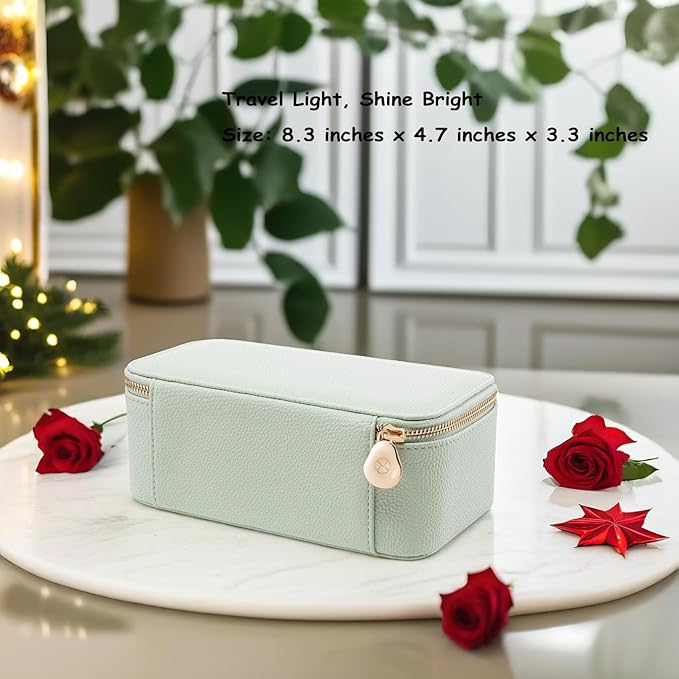 VLANDO Travel Jewelry Box Organizer – Portable PU Leather Jewelry Case with 6/8/12 Zippered Pouches, Compact Storage for Earrings Rings Necklaces Bracelets, Menthol Mambo