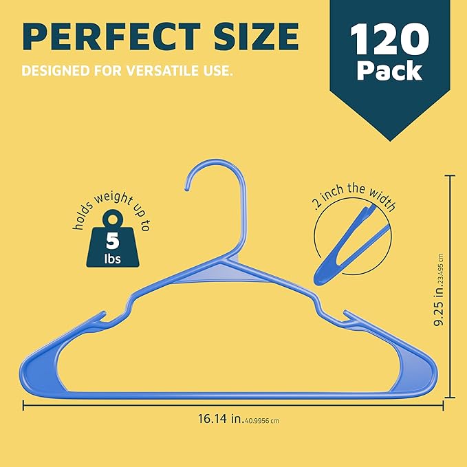Lifemaster Plastic Clothes Hangers – Heavy Duty Hanger Set, for Organizing Clothes, Dresses, and Coat, Holds Up to 5 lbs, Space-Saving Hangers with Non-Slip Shoulder Grooves, Pack of 120, Blue