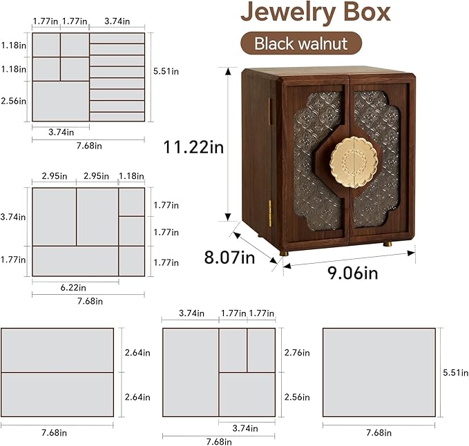 Black Walnut Wood Wooden Jewelry Box for Women, Large Velvet Lined Jewelry Organizer with 5 Drawers & Brass Feet, Earring Jewelry Box Organizer, Traditional Chinese Pattern Handles