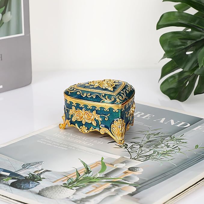 Hipiwe Vintage Metal Jewelry Box - Heart Shape Trinket Box Ring Case with Rose Pattern Jewelry Storage Box for Ring Earrings Necklace, Keepsake Box for Women, Blue
