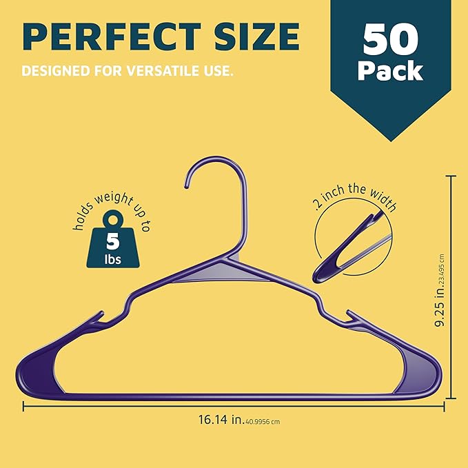 Lifemaster Plastic Clothes Hangers – Heavy Duty Hanger Set, for Organizing Clothes, Dresses, and Coat, Holds Up to 5 lbs, Space-Saving Hangers with Non-Slip Shoulder Grooves, Pack of 50, Purple