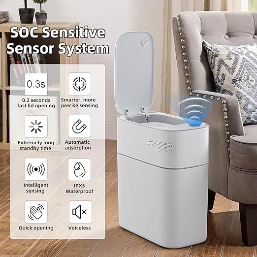 JUDRDO 3.5 Gallon Slim Automatic Trash Can for Bathroom,Touchless Diaper Trash Can with Trash Bag Auto-adsorption Technology,Motion Sensor Diaper Garbage Bins for Bedroom Office Kitchen Toilet