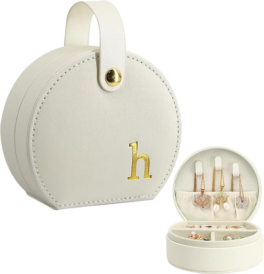 COLLECTIVE HOME - Travel Jewelry Case, Elegant Half-Moon Design with Gold Monogram, Detachable Handle, Personalized Accessory Organizer, Gift for Fashion-Forward Women and Teens (h)