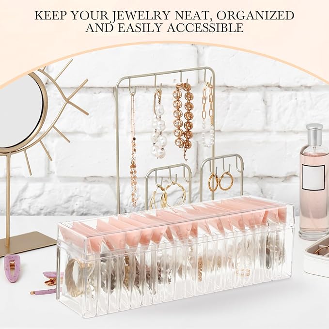 Kenning 42 Pcs Acrylic Jewelry Case Organizer, Clear Jewelry Organizers Holder with Portable Anti Tarnish Storage Bags for Rings, Earrings, Necklaces, Ideal Gifts for Women (Rose Pink)
