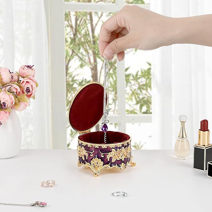 Hipiwe Vintage Jewelry Box Small Trinket Storage Organizer Box Gold Metal Chest Ring Case Treasure Chest Round Keepsake Boxes for Earrings Necklace Gift for Women,Purple