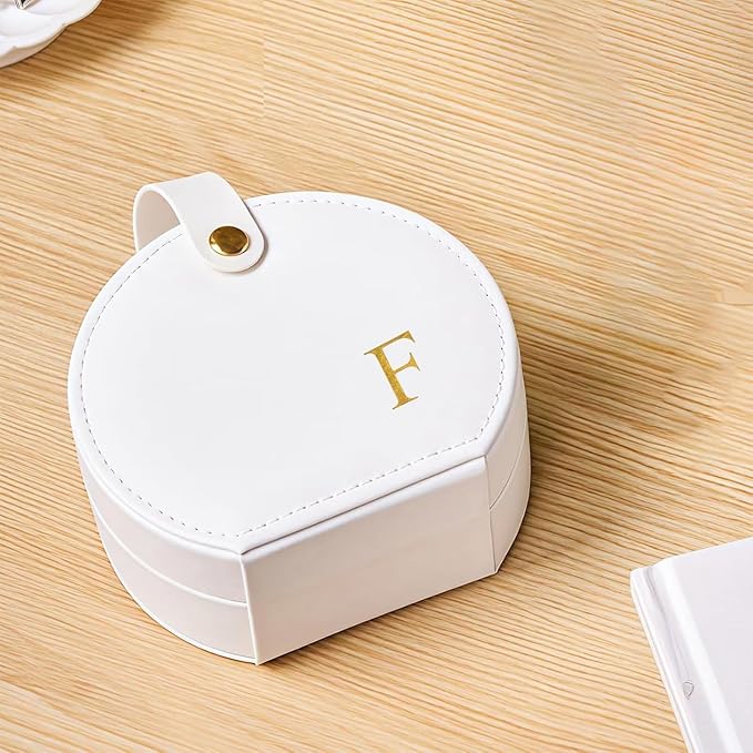 Travel Jewelry Case,Personalized Jewelry Box,Elegant Half-Moon Design with Personalized Golden Initial Case,Personalized Gifts for Women,Jewelry organizer;Personalized Gifts for Women or Friends(F)