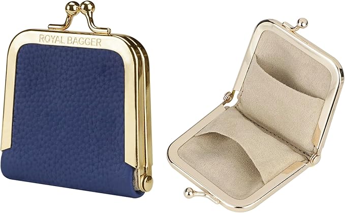 Royal Bagger Genuine Cow Leather Ultra-Slim Mini Jewelry Box, Ring & Necklace Storage, Slim Coin Purse with Kiss Lock for Women 3120 (Royal Blue)