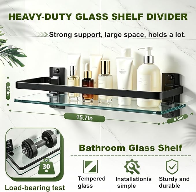 AIJALY 2 Pack Bathroom Glass Shelf, 15.7 Inches Black Bathroom Shower Glass Shelf Wall-Mounted, Metal Storage Floating Kitchen Shelf