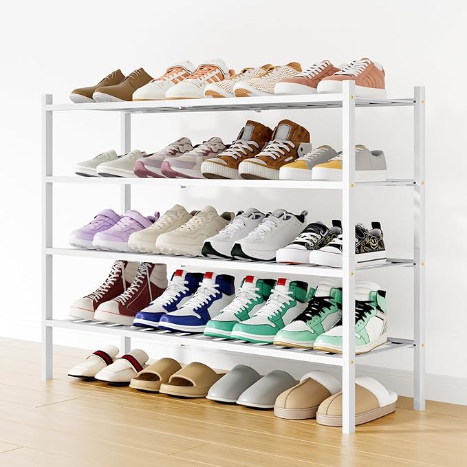 Smiry Shoe Rack, 4 Tier Long Bamboo Shoe Organizer, Stackable Free Standing Wooden Shoe Storage Shelf for Closet, Entryway, Front Door Entrance, White