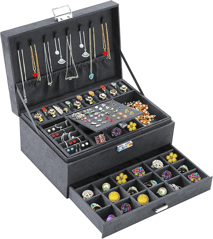 QBestry 3-Layer Jewelry Box for Women with Lock and Key & Drawer, Large Jewelry Organizer with 8 Necklace Hooks & 56 Earring Holes, Grey Velvet Jewelry Storage Box for Necklaces Earrings Ring Bracelet