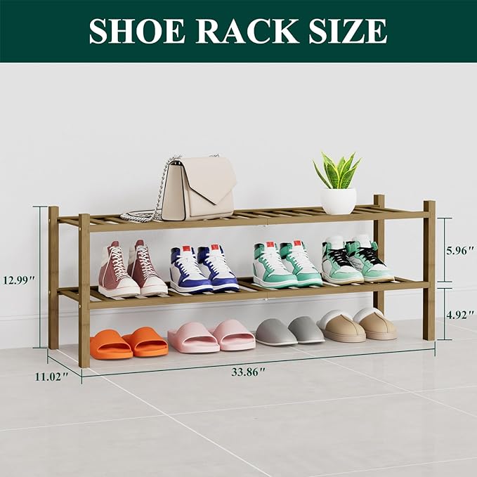 Smiry Shoe Rack, 2 Tier Thick Long Bamboo Shoe Organizer, Stackable Free Standing Wooden Shoe Storage Shelf for Closet, Entryway, Front Door Entrance, Walnut