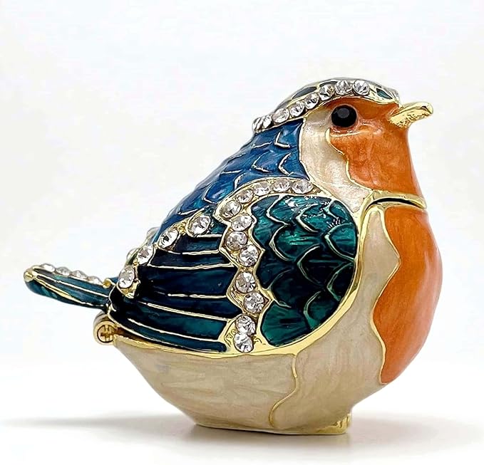 JWT Astyle Robin Bird Hinged Jewelry Box with Stones, Collectible Animal Trinket Box.Rings Earrings Storage Boxes,Bird Figurine Home Decor Gift