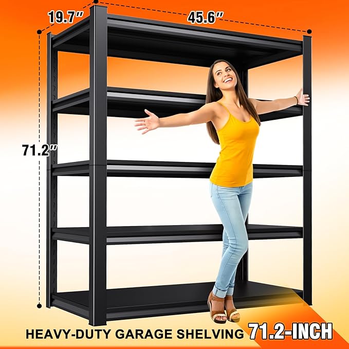 2 Pack Storage Shelves,3000LBS Garage Shelving ,Adjustable Garage Shelves ,Heavy Duty Metal Shelving, 5 Tier Wood Utility Steel Shelf, Easy-to-install Shelving Units and Storage 71.2''x46''x19.7"