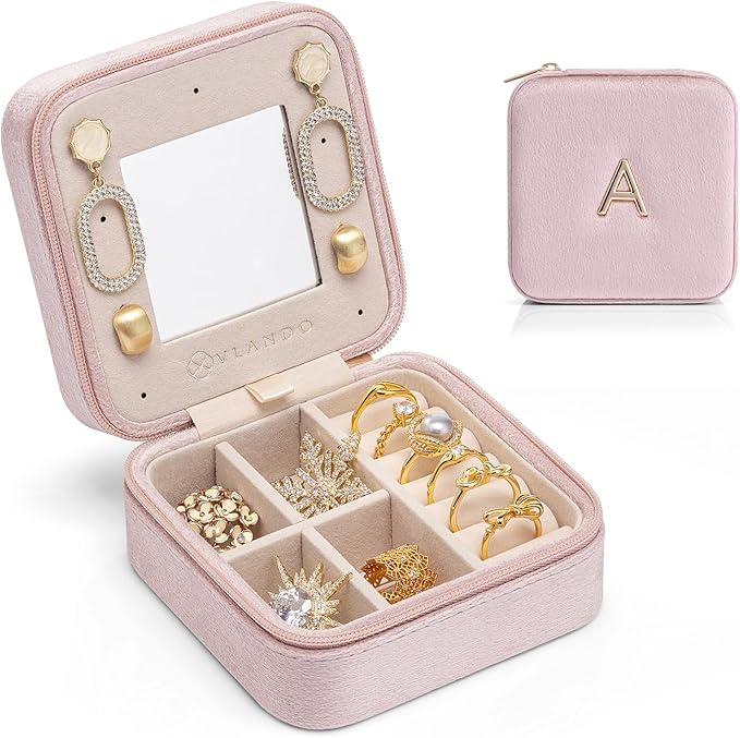 Vlando Small Travel Jewelry Box Organizer Display Case for Rings Earrings Necklaces Storage, Selected Soft Velvet, Letter A Engraved, Pink