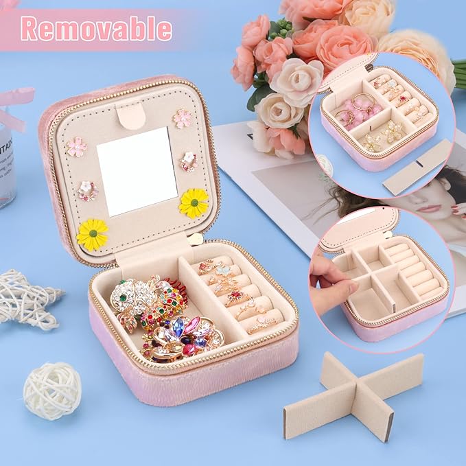 DesignSter Travel Jewelry Box - Velvet Mini Jewelry Organizer, Small Jewelry Case for Girls Women, Jewelry Storage Box for Rings Earrings Necklace (Square, Lotus Pink)