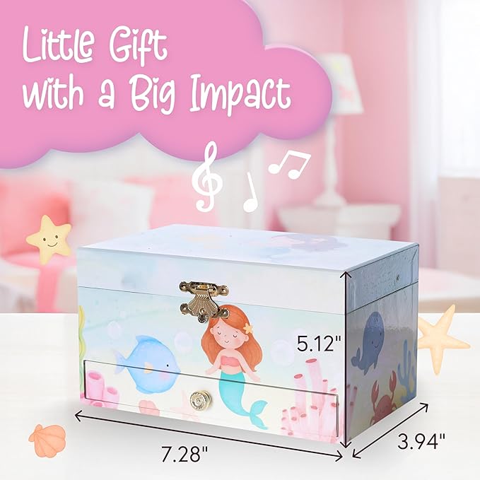 The Memory Building Co Mermaid Musical Jewelry Box Plays Classic Melody, Storage Organizer Music Box for Kids Ages 6-12, MDF Wood w/ 2 Fabric Lined Ring Bracelet Necklace Treasure Compartments