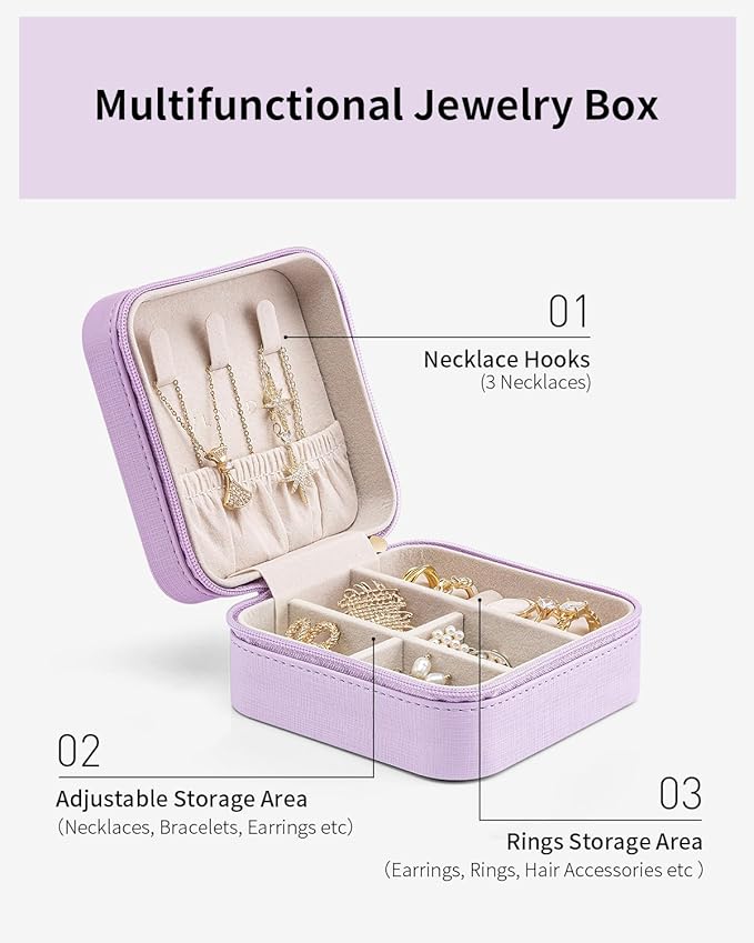 VLANDO Small Travel Jewelry Box Organizer - Girls Women Gift Rings Earrings Necklaces Jewelry Storage Display Case Purple