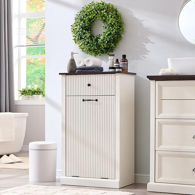 IFBUY Modern Tilt-Out Laundry Hamper Cabinet, 10 Gallon Fluted Trash Can Cabinet with Drawer, Wooden Hidden Garbage Can Cabinets with Laundry Basket, Free Standing for Bathroom and Kitchen, White