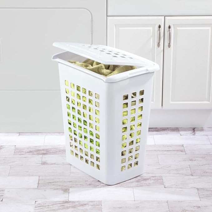 Sterilite Rectangular LiftTop Laundry Hamper with Lid, Handles to Easily Carry Clothes Between the Laundry Room and Bedroom, Plastic, White, 8-Pack