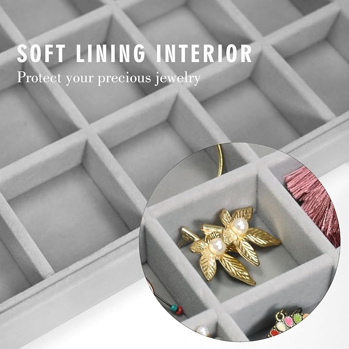 Siveit Velvet Jewelry Tray 48 Grid Jewelry Display Tray Organizer Box with Transparent Lid Rings Earrings Necklaces Pendants Display Box Suitable for Women and Girls (Grey)
