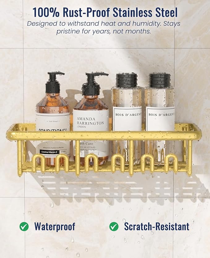 8 Pack Adhesive Rustproof Shower Shelves with Soap Dishes, Toothbrush Holder & Hooks, Large Capacity No-Drilling Shower Shelves Rack for Bathroom Organizers and Storage Accessories, Gold