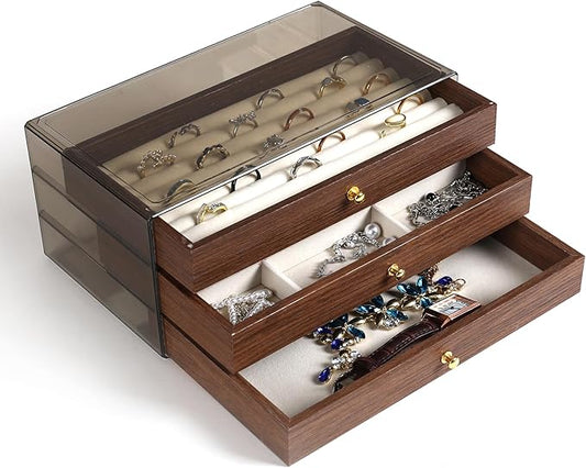 CLUQMEIK 3-layer Wooden Drawer Jewelry Organizers and Storage Box with Grey Acrylic Lid and Velvet Lining, Jewelry Box for Women and Girls to Store Rings Earrings Bracelets Necklaces