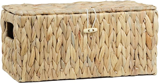 Water Hyacinth Baskets for Organizing, Rectangular Wicker Basket with Lid, Storage Baskets Bins with Built-in Handles for Shelf, Decorative Woven Basket Boxes for Storage Home Organizer Decor