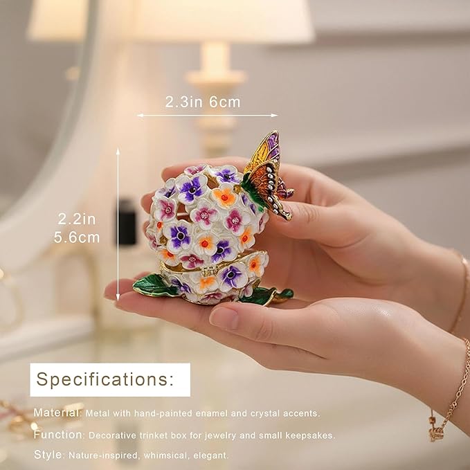 YU FENG Enamel Butterfly Trinket Box Jewelry Organizer, Decorative Hinged Keepsake Box – Butterfly with Floral Ball Design
