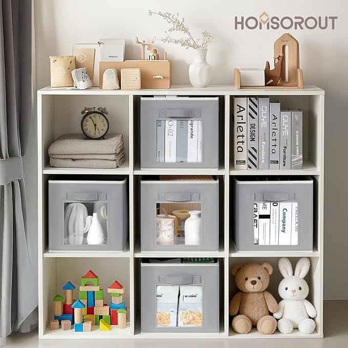 Homsorout Storage Cube 11 Inch - Cube Storage Bins with Window, Closet Storage Baskets with Handle, Fabric Bins for Closet, Shelves, Toys, Clothes, Set of 6, Grey