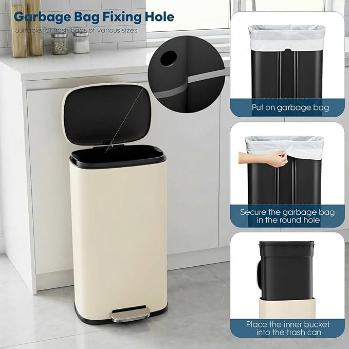 8 Gal Kitchen Trash Can, 30L Recycling or Garbage Bin, Brushed Stainless Steel Waste Basket, Soft&Quiet Close Dustbin, with Step-On Pedal, Removable Inner Bucket, for Home, Office, Living Room