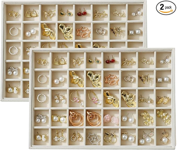 Large Velvet Jewelry Tray 2 Pack Stackable Jewelry Display Drawer Inserts Trays Organizer for Earring Bracelet Necklace Ring (Beige, 40 Grids)