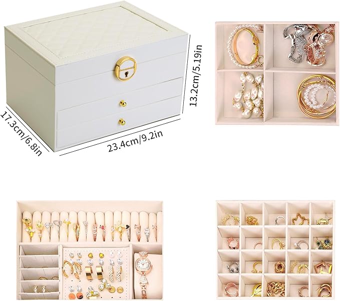 3 Layer Jewelry Box Organizer with Drawers, Lockable PU Leather Jewelry Storage Case for Mothrer's Day gifts Necklace Earring Ring Bracelet Watch, White