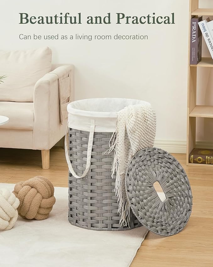 SETVSON Laundry Hamper with Lid Laundry Basket with Lid 19.0 Gal (72 L) Round Laundry Basket Handwoven Rattan Basket with Lid Removable Bag 2 Mesh Bags Handles for Living Room Bathroom Gray