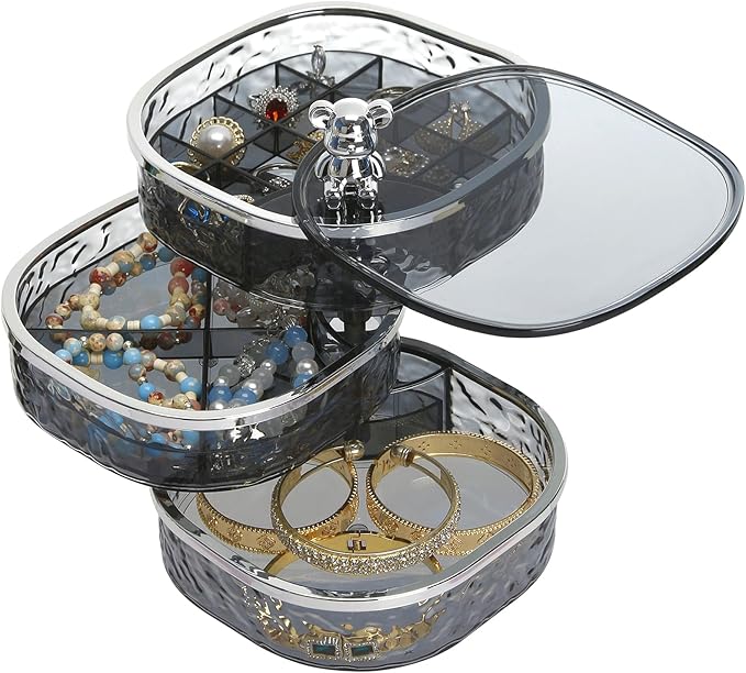 LETURE 3-Layers Rotatable Jewelry Organizer Storage Box, Clear Ripple Jewelry Holder Case for Ring Earring Necklaces Bracelets Makeup Hair Accessories, Small Rotating Jewelry Tray for Women (Grey)