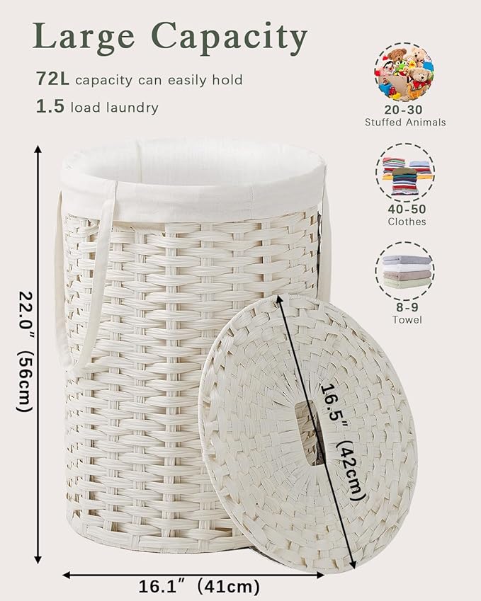 SETVSON Laundry Hamper with Lid Laundry Basket with Lid 19.0 Gal (72 L) Round Wicker Laundry Basket Handwoven Rattan Basket with Lid Removable Bag 2 Mesh Bags Handles for Living Room Bathroom White