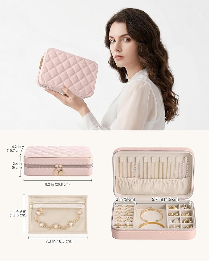 Lolalet Travel Jewelry Case for Women Girls, PU Leather Jewelry Organizer with Clear Storage Bag Small Portable Jewelry Box for Necklace Bracelet Earring Ring Mothers Day Birthday Gifts -Large/Pink