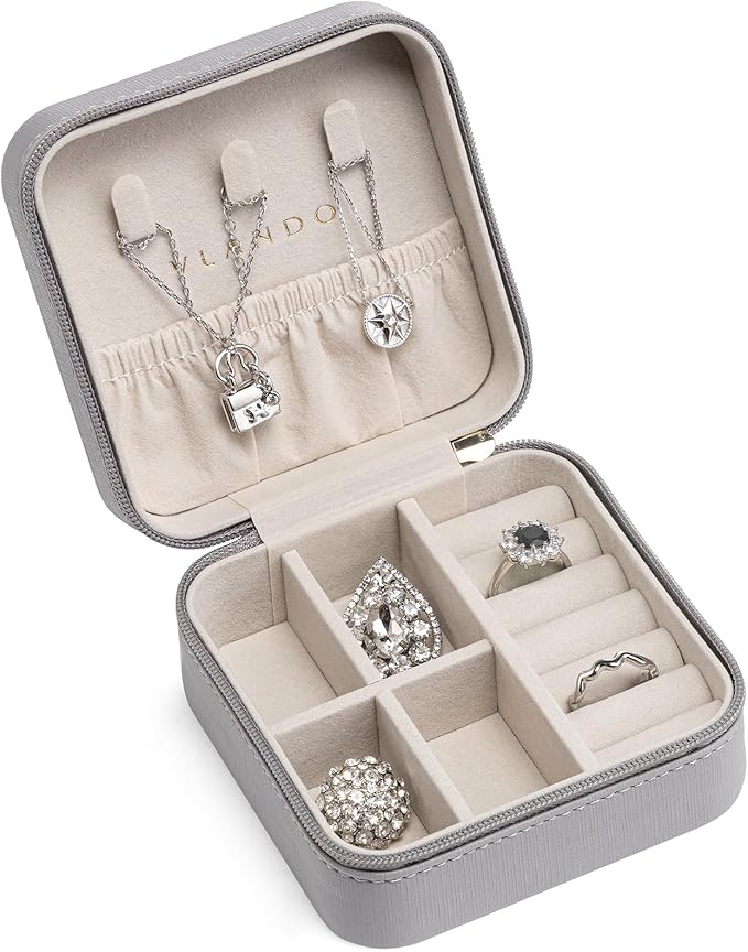 VLANDO Travel Jewelry Box, Small Jewelry Travel Organizer Case for Girls Women - Grey