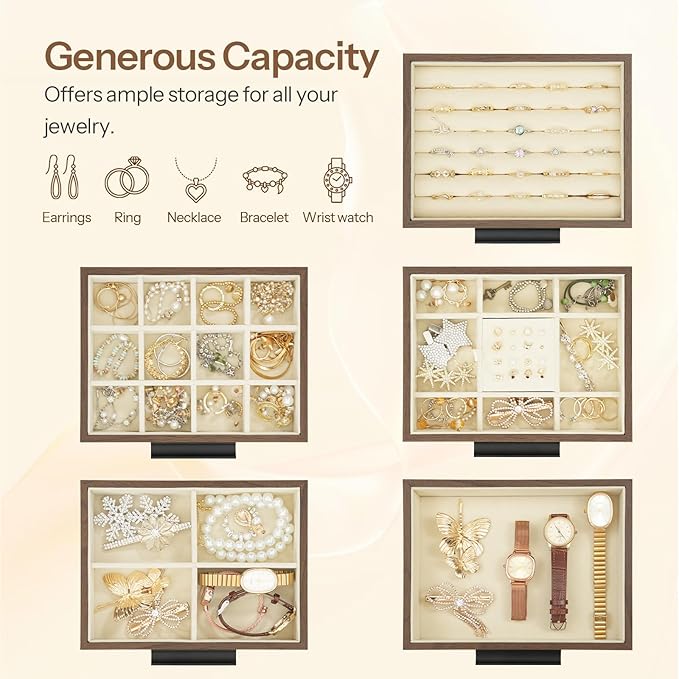 HOOBRO 5-Tier Jewelry Box, Wooden Jewelry Organizer with Transparent Windows, Jewelry Storage Box with 2 Vertical Drawers, for Earring, Necklace, Bracelet, Ring, Watch, Walnut and Black BH19JB04