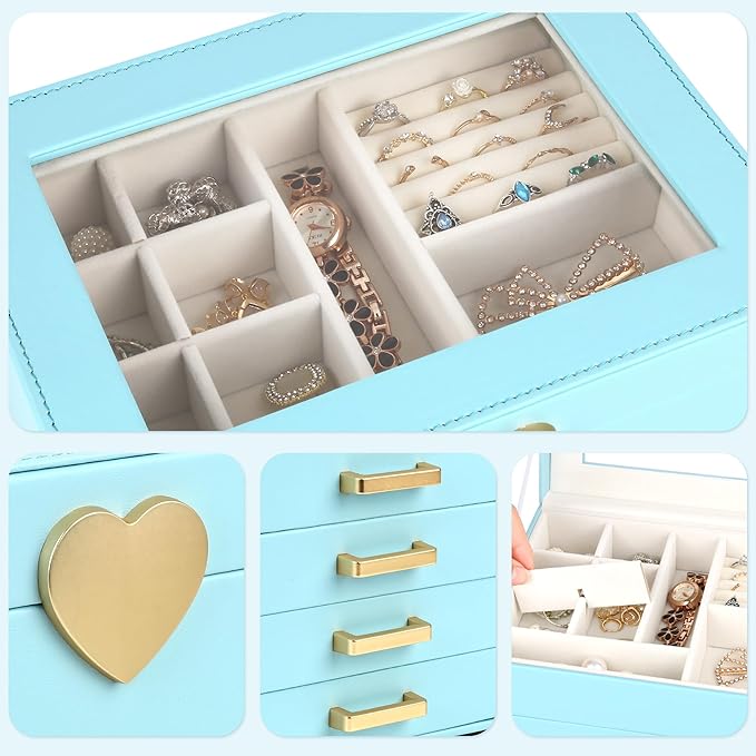 Kendal Jewelry Box, 5-Layer Jewelry Organizer Box with Glass Lid, Blue, Heart Shaped PU Leather, Storage Box for Necklace Earrings Rings Bracelets, Gift Idea for Girls LJC4DRBL