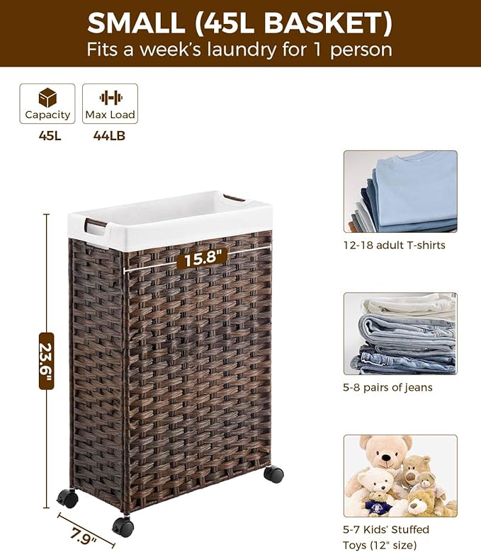 Greenstell Laundry Hamper with Wheels, 11.9 Gallon (45L) Small Clothes Hamper with 2 Removable Liner Bags & 2 Mesh Bags, Slim Rattan Laundry Basket for Bathroom, Bedroom, Brown