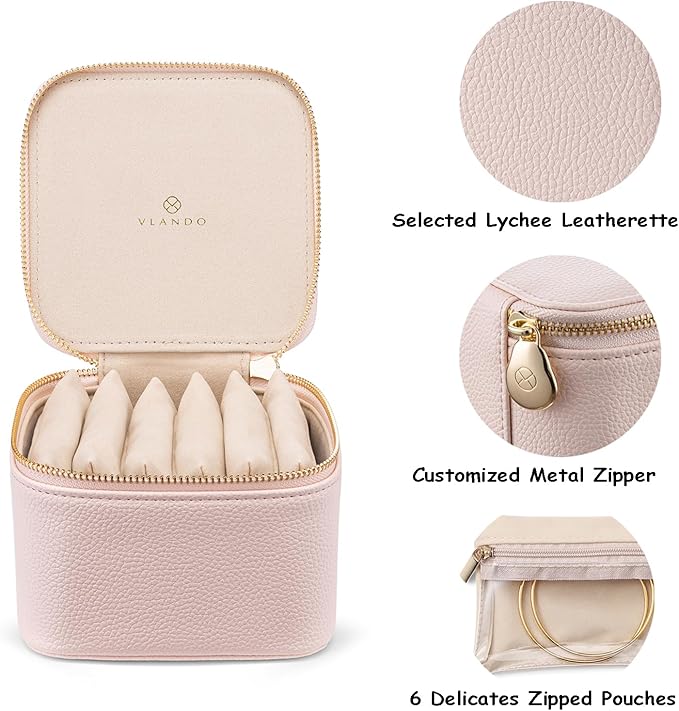 VLANDO Travel Jewelry Box Organizer – Portable PU Leather Jewelry Case with 6/8/12 Zippered Pouches, Compact Storage for Earrings Rings Necklaces Bracelets, Rosy Mauve