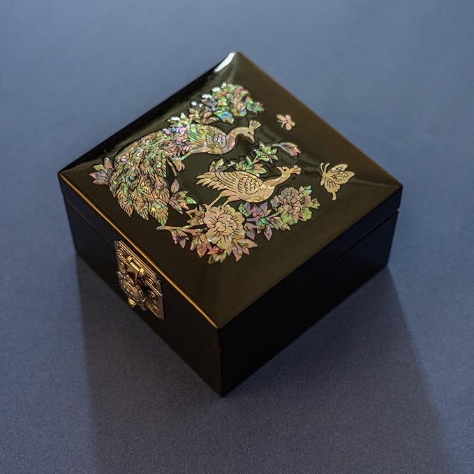 February Mountain Mother of Pearl Mini Jewelry Box - Organizer for Earring Necklace Ring & Bracelet Jewelry Display Storage Case for Woman Unique Gifts (Peacock-Black)