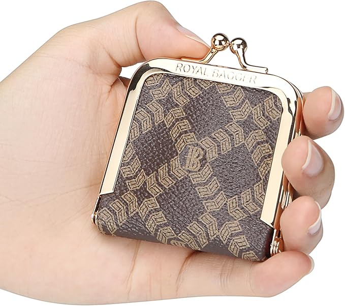 Royal Bagger Mini Ultra-Thin Jewelry Box & Kiss Lock Purse – Signature Coated Canvas, Women's Essential 8120 (Coffee)