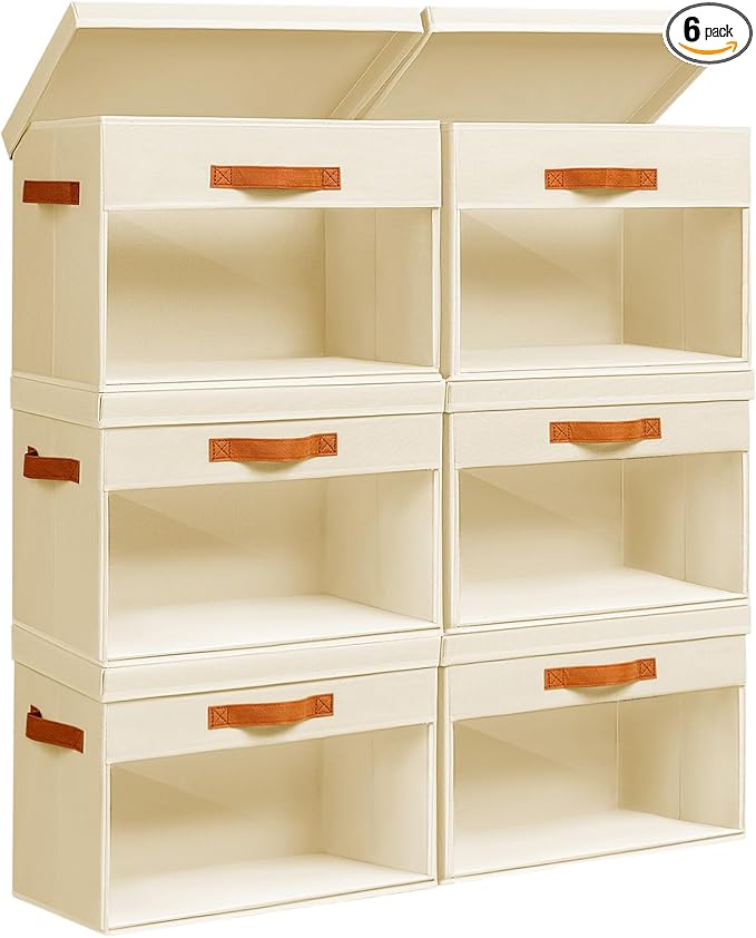 Homsorout Large Storage Bins with Lids - 6 Pack Foldable Decorative Organizers with Clear Windows & Handles, Cube Storage Organizers for Clothes, Blankets, Sweaters, CD, Beige
