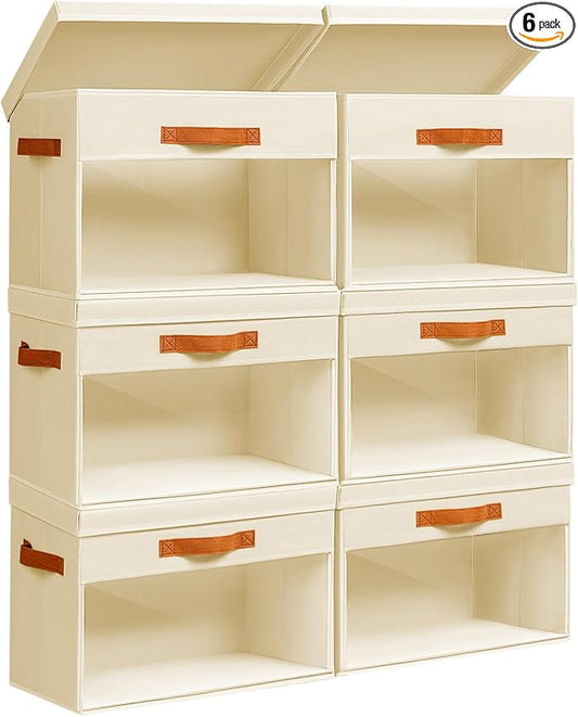 Homsorout Large Storage Bins with Lids - 6 Pack Foldable Decorative Organizers with Clear Windows & Handles, Cube Storage Organizers for Clothes, Blankets, Sweaters, CD, Beige