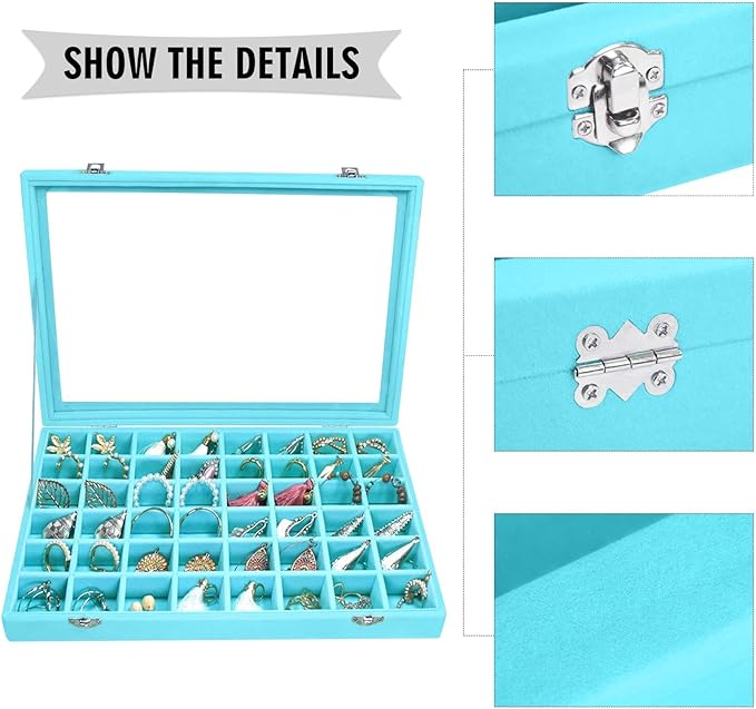 Siveit Velvet Jewelry Tray 48 Grid Jewelry Display Tray Organizer Box with Transparent Lid Rings Earrings Necklaces Pendants Display Box Suitable for Women and Girls (Light Blue)