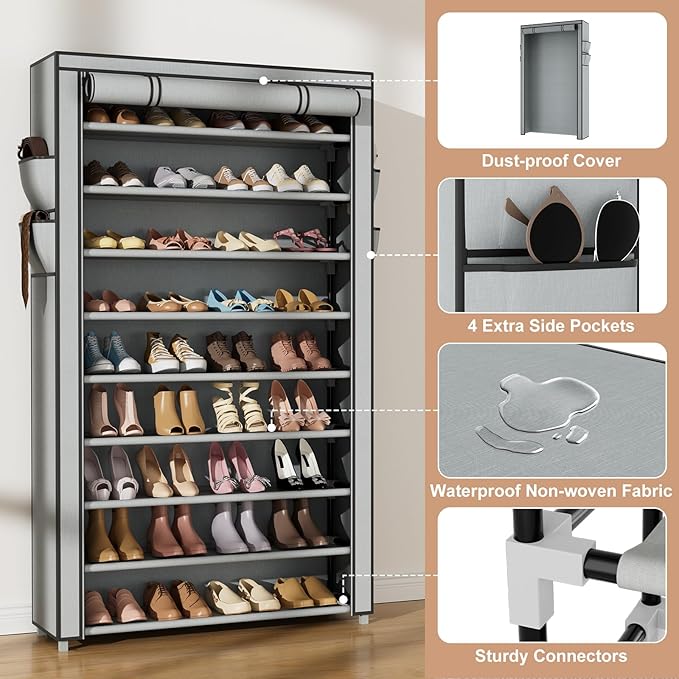 VILICK Shoe Rack with Cover Narrow Shoe Organizer with Pockets 10 Tier Tall Shoe Storage Holds 36-41 Pairs Shoes and Boots Shoe Rack for Closet Entryway Garage, Grey