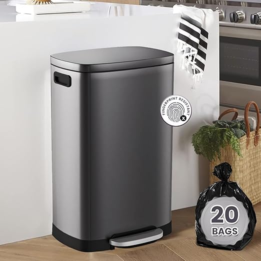 ELPHECO Kitchen Trash Can with Lid Soft Close, 13 Gallon / 50L Stainless Steel Pedal Garbage Can, Heavy-Duty Step Wastebasket with 20 Bags, Removable Bucket, Home Office, Titanium Silver