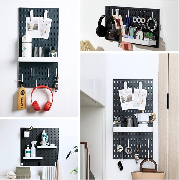 Keepo Peg Board Wall Organizer – Plastic Pegboard Panels, Modular Peg Board Storage System for Home Office, Craft Room, Gaming Setup (Black, 22″×11″)